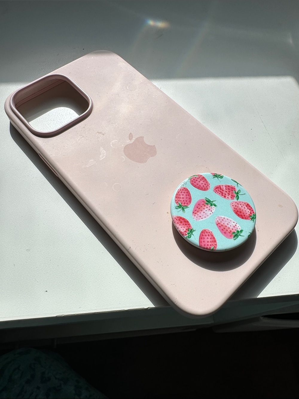 Apple Silicone Pastel Pink iPhone 14 Pro Max Cover with Strawberry Print Pop Soc